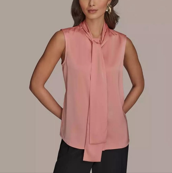 Donna Karan Tops - Donna Karan peach satin sleeveless tie neck detail hidden button down blouse